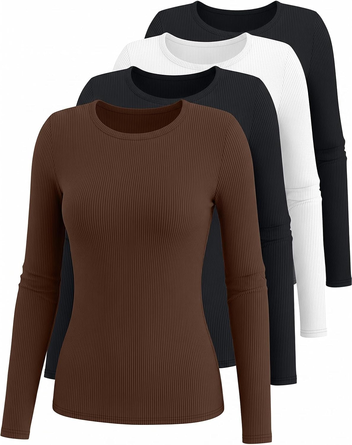 AUTOMET 4 Pack Womens Ribbed Long Sleeve Basic Top Soft Stretch Shirts Medium White,black,chocolate Brown,black 3
