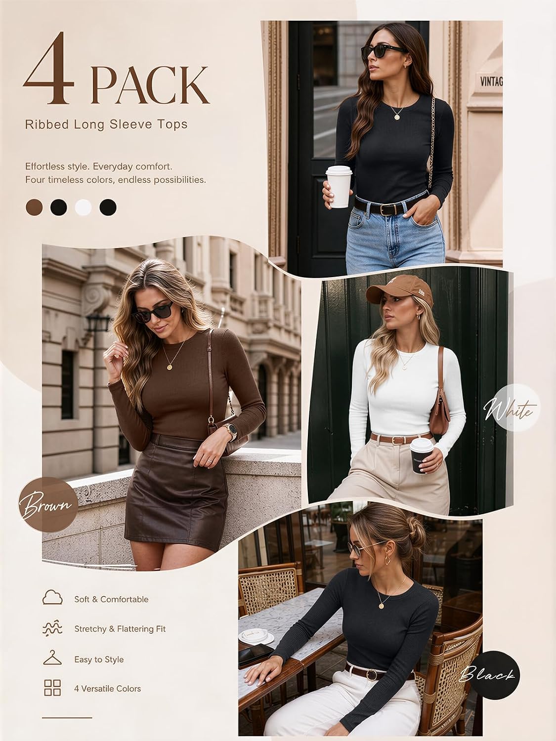 AUTOMET 4 Pack Womens Ribbed Long Sleeve Basic Top Soft Stretch Shirts Medium White,black,chocolate Brown,black 4