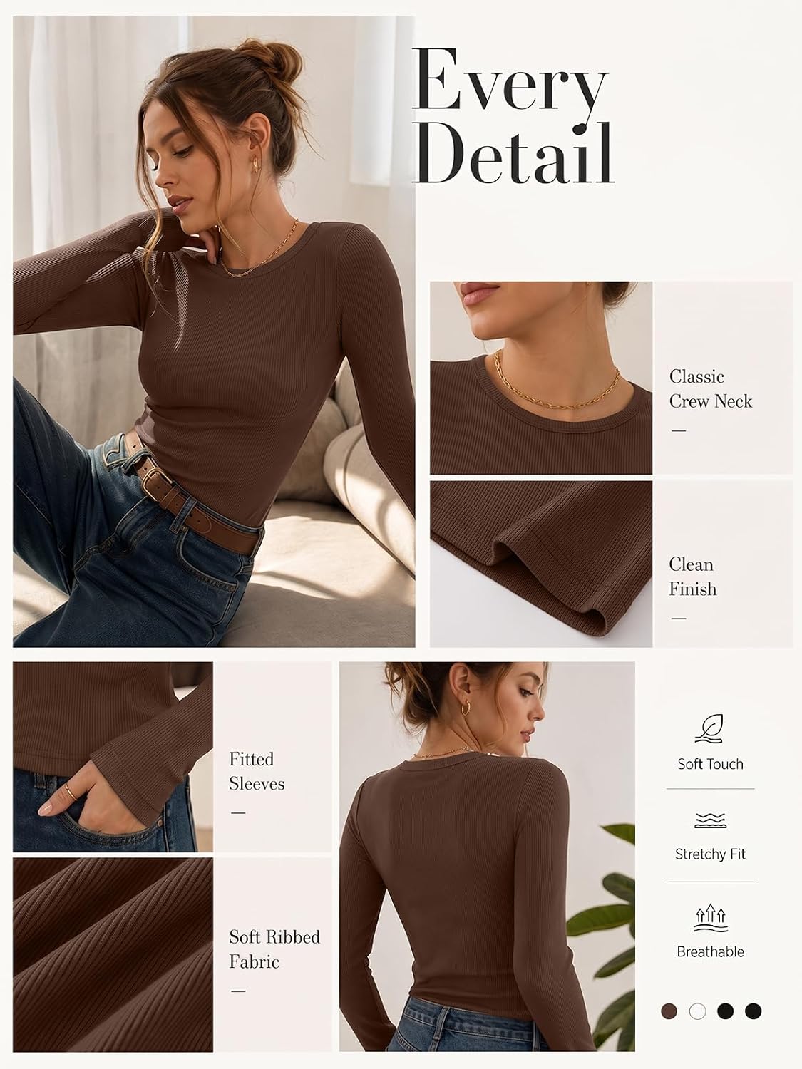 AUTOMET 4 Pack Womens Ribbed Long Sleeve Basic Top Soft Stretch Shirts Medium White,black,chocolate Brown,black 6