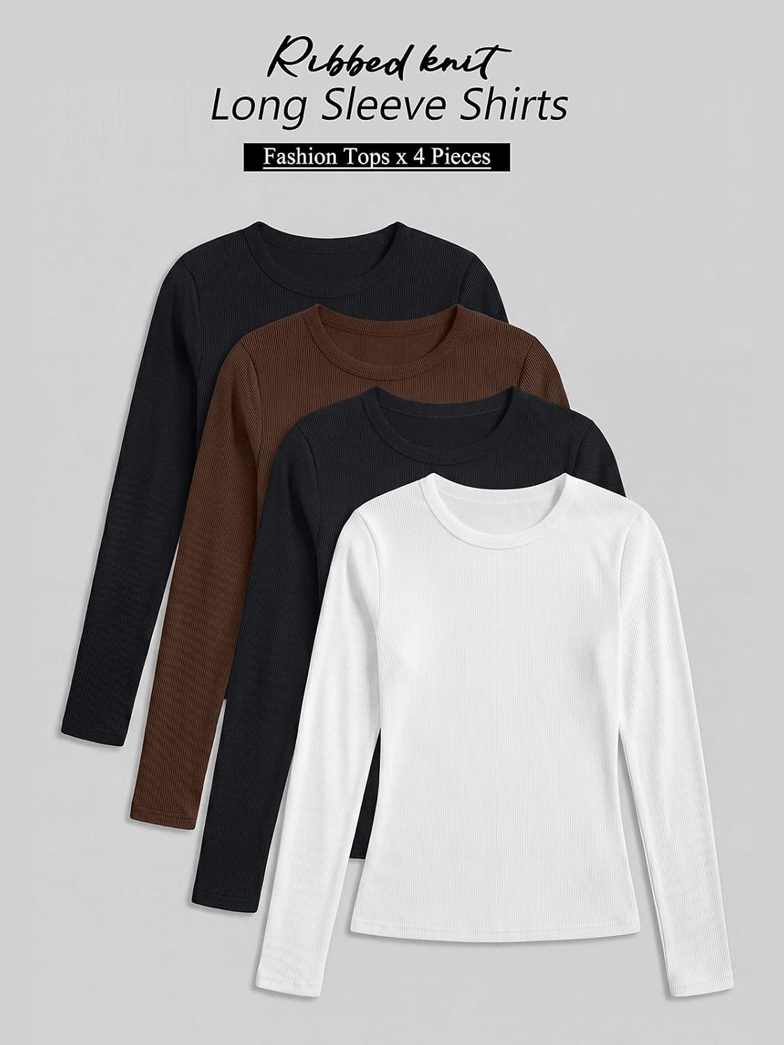 AUTOMET 4 Pack Womens Ribbed Long Sleeve Basic Top Soft Stretch Shirts Medium White,black,chocolate Brown,black 7