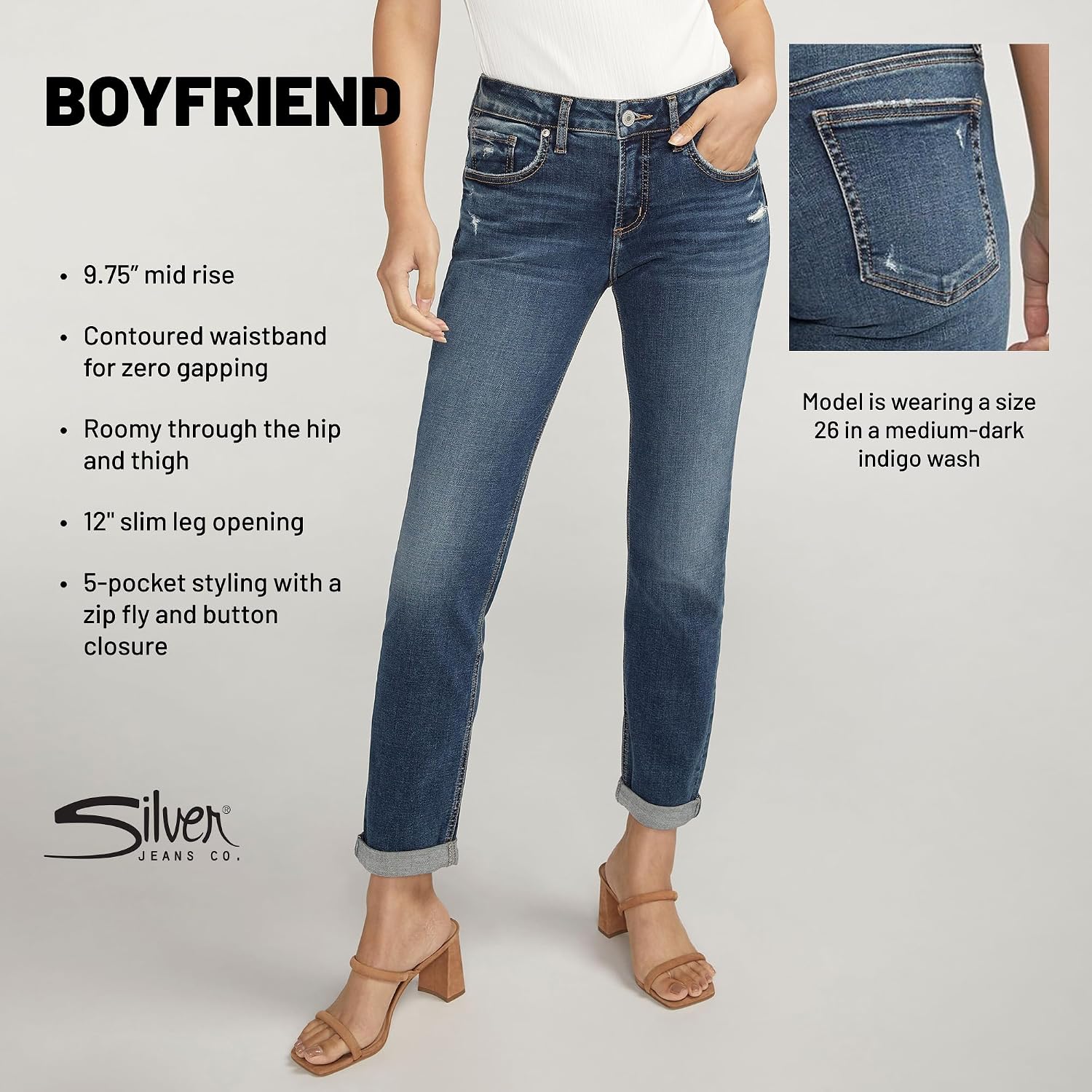 Silver Jeans Co. Womens Boyfriend Mid Rise Slim Leg Jeans 31W x 29L Bobbie 4