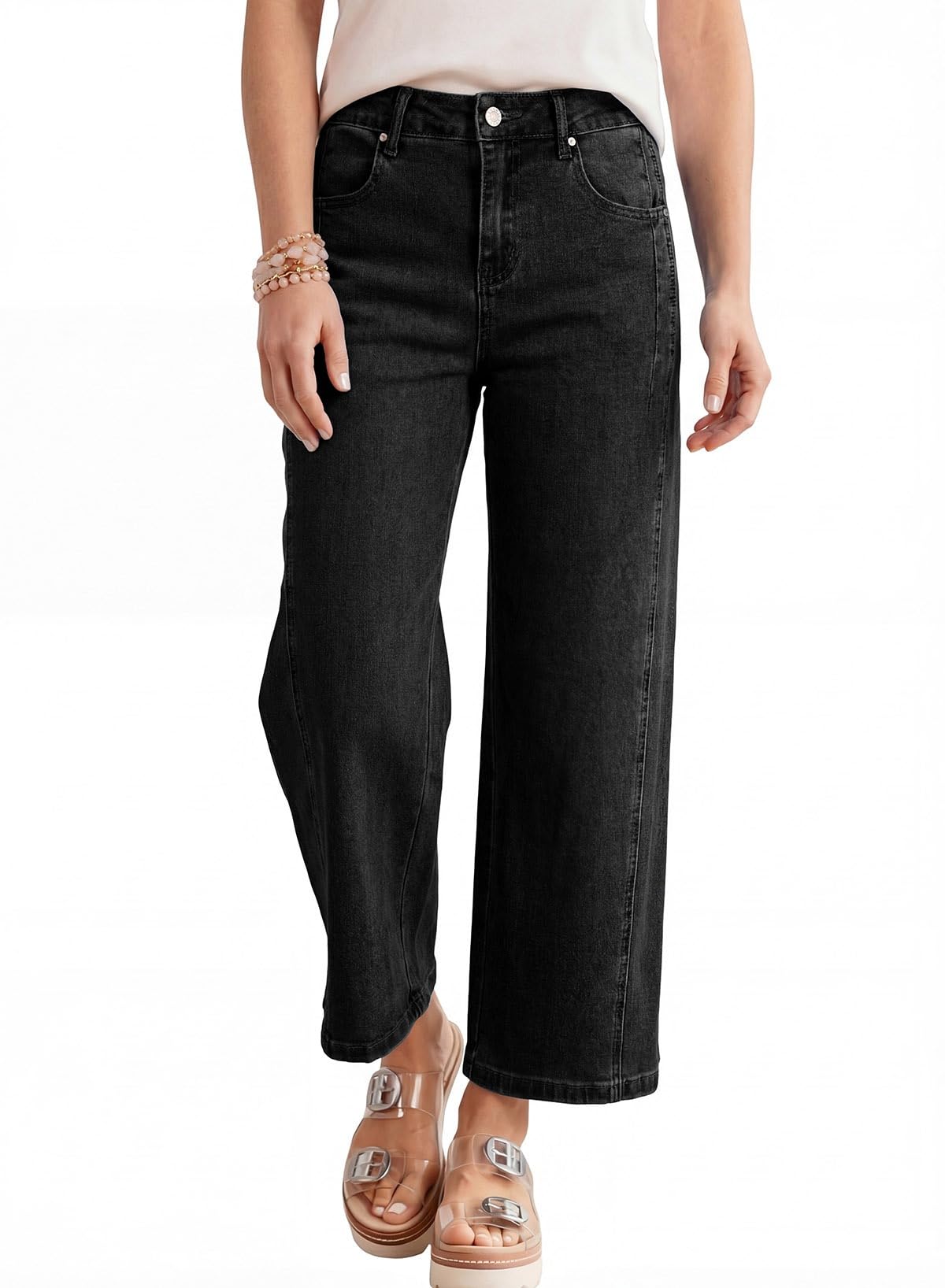 Astylish Womens High Waisted Jeans Stretchy Wide Straight Leg Loose Trendy Split Seam Cropped Denim Pants 14 Black