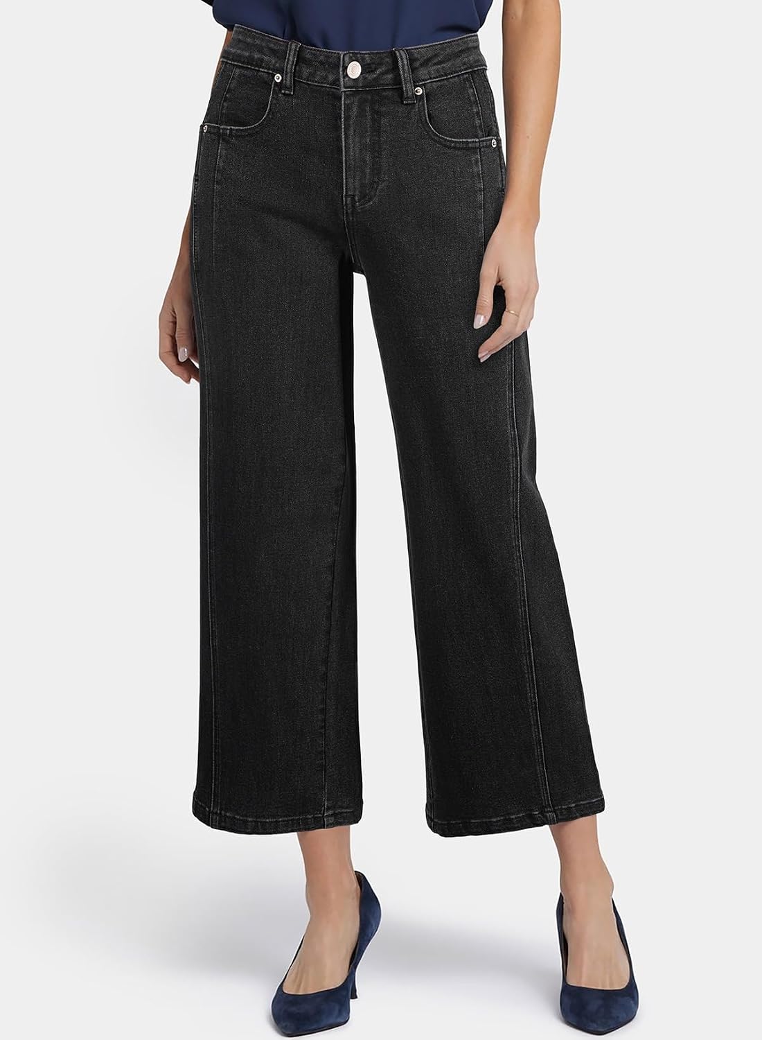 Astylish Womens High Waisted Jeans Stretchy Wide Straight Leg Loose Trendy Split Seam Cropped Denim Pants 14 Black 2