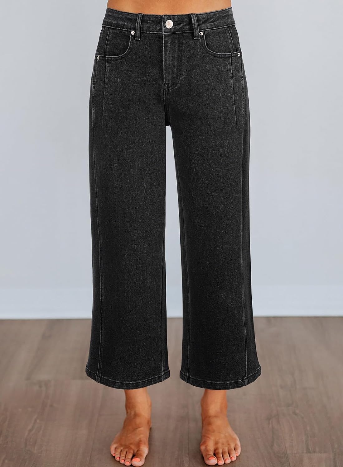 Astylish Womens High Waisted Jeans Stretchy Wide Straight Leg Loose Trendy Split Seam Cropped Denim Pants 14 Black 3