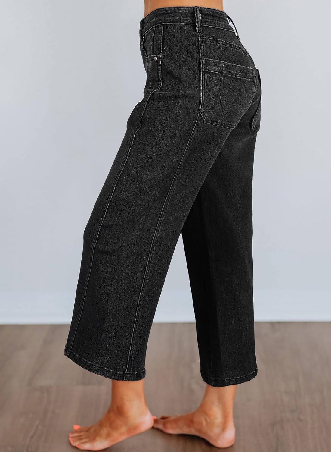 Astylish Womens High Waisted Jeans Stretchy Wide Straight Leg Loose Trendy Split Seam Cropped Denim Pants 14 Black 4