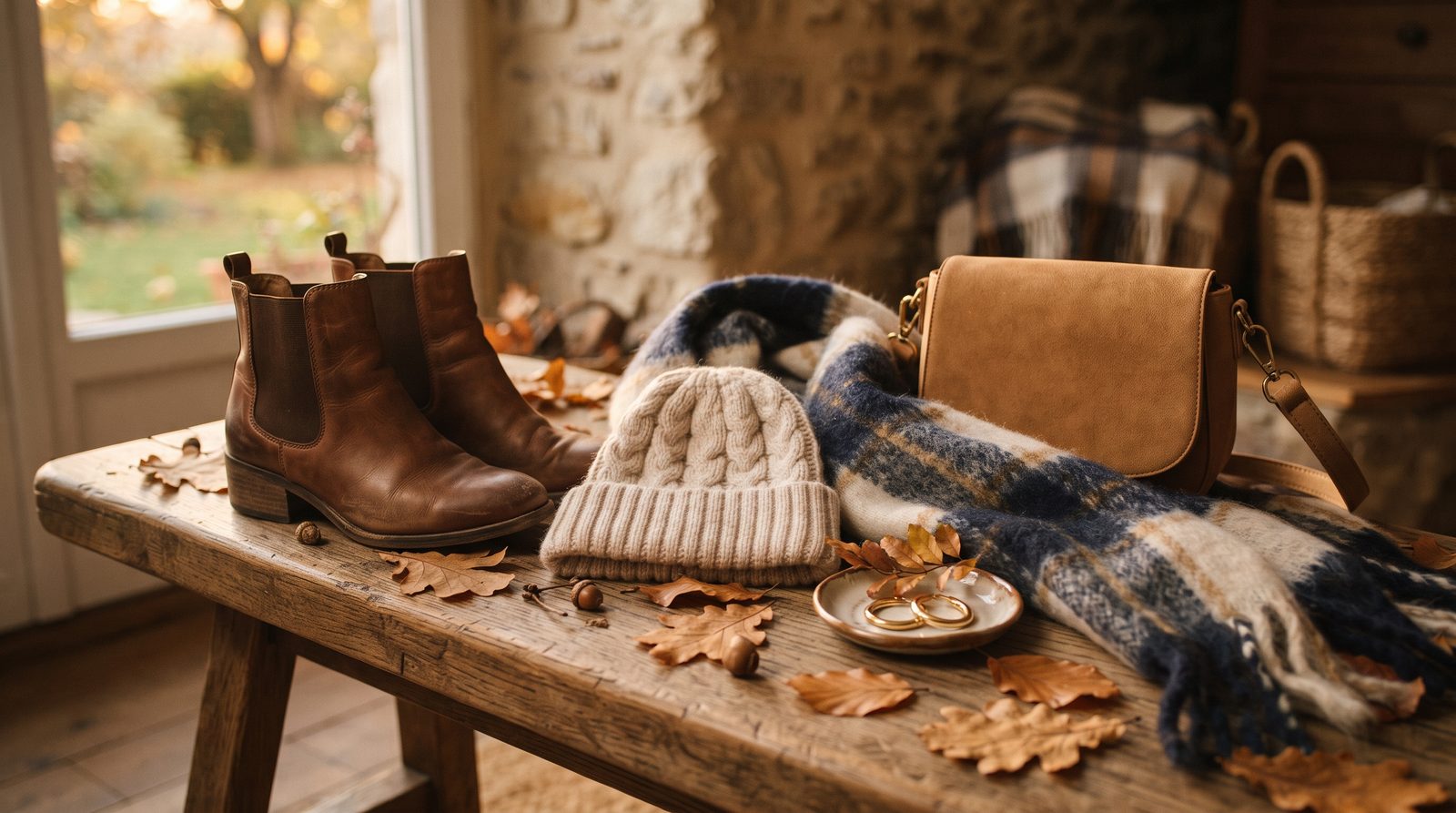 Fall boots, beanie, plaid scarf and bag on a wooden bench