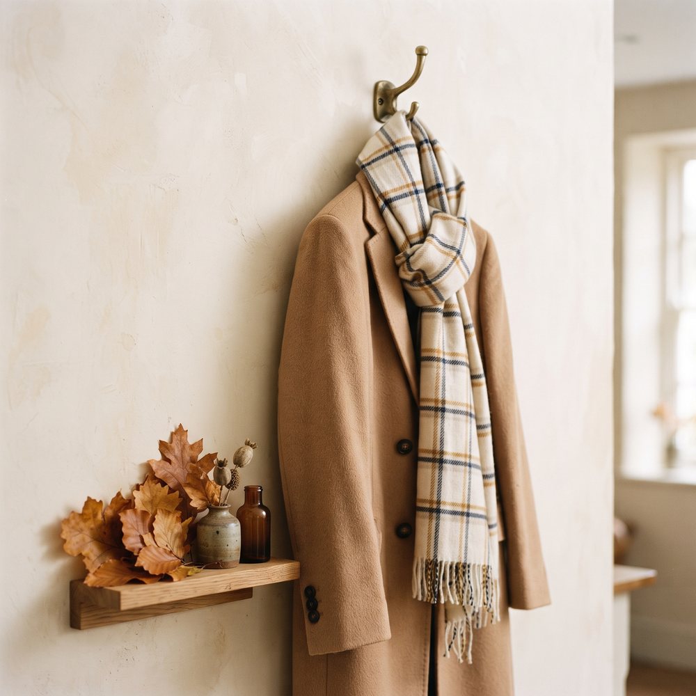 Camel coat and plaid scarf on a wall hook