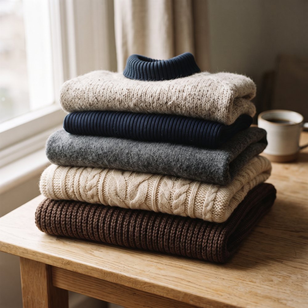 Stack of chunky knit sweaters