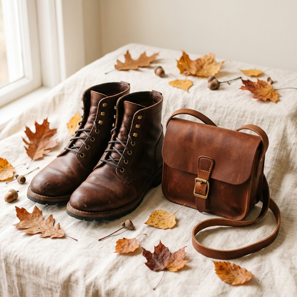 Brown leather boots and a shoulder bag