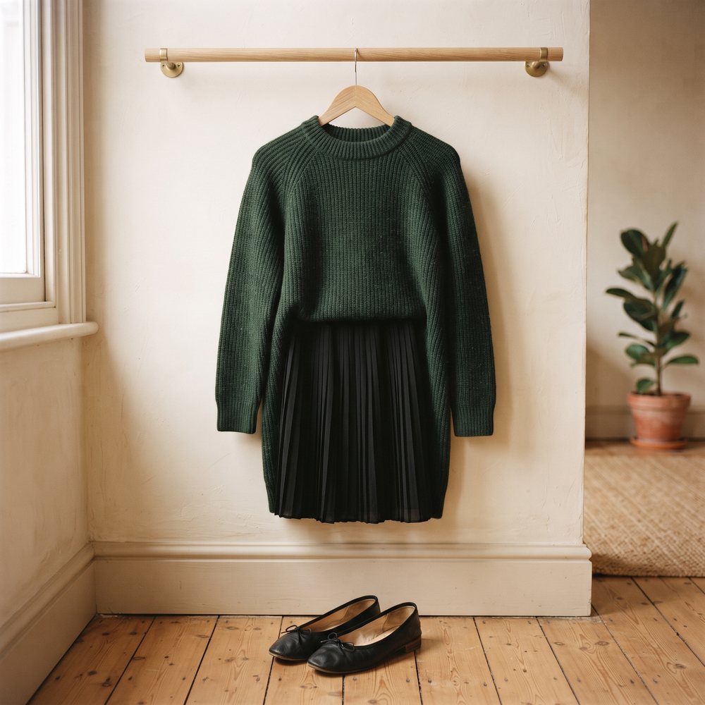 Green knit dress and pleated skirt on a rail