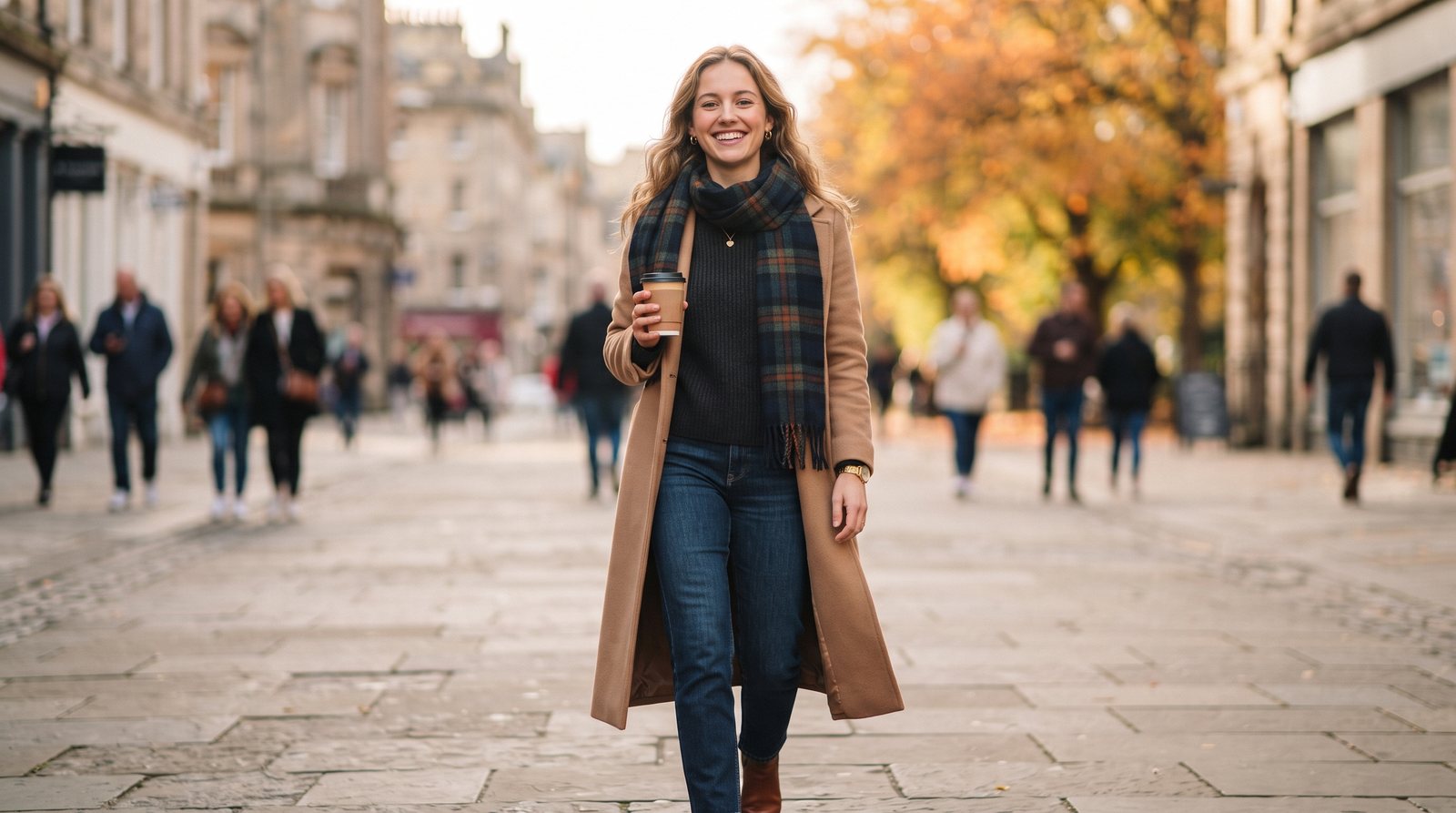 Woman in a camel coat, plaid scarf and jeans walking on a fall street