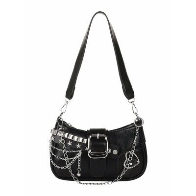 Black Y2K mini hobo bag with star embroidery and chain strap