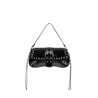 Black studded faux leather shoulder bag with buckle flap