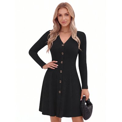 Woman wearing a black ribbed button-front long sleeve mini dress