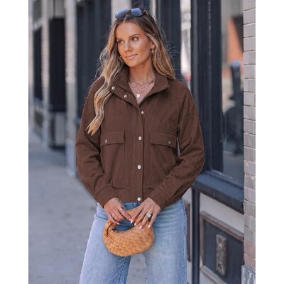 luvamia Faux Suede Jackets for Women Stand Collar Zip Up Bomber Jacket Coat Medium Chocolate Brown 2