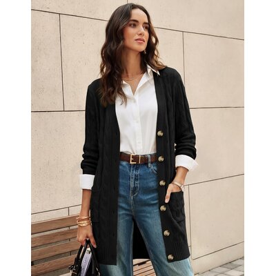 GRACE KARIN Women's Cable Knit Sweater Button Long Chunky Cardigan Small Black 2