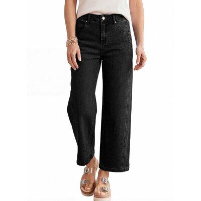 Astylish Womens High Waisted Jeans Stretchy Wide Straight Leg Loose Trendy Split Seam Cropped Denim Pants 14 Black