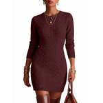 Caracilia Womens Cable Knit Sweater Dress Long Sleeve Fall Winter Dress Medium Wine Red
