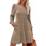 Sampeel Womens Square Neck Long Sleeve Fall Dresses Casual Babydoll Sweater Dress Medium Khaki 2