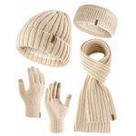 FURTALK Winter Beanie Hat Touchscreen Gloves Scarf Headband Set 4 in 1 Gift Pure Beige