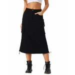 Black denim cargo midi skirt with side drawstring