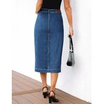 Denim midi skirt front view with utility pockets