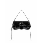 Black studded faux leather shoulder bag with buckle flap