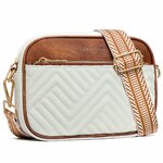 Beige and brown quilted crossbody bag with wide guitar strap