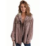 Woman wearing a hooded corduroy shacket in dusty mauve
