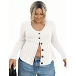 Woman wearing a white cable-knit button-down cardigan with jeans