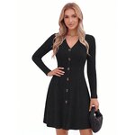 Woman wearing a black ribbed button-front long sleeve mini dress