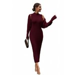 Woman wearing a maroon ribbed knit midi dress with matching cardigan