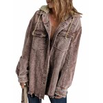 Dokotoo Womens 2025 Fall Corduroy Shacket Jacket Long Sleeve Button Down Color Block Hooded Coat with Pockets Large Brown 3