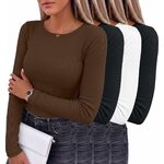 AUTOMET 4 Pack Womens Ribbed Long Sleeve Basic Top Soft Stretch Shirts Medium White,black,chocolate Brown,black