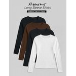 AUTOMET 4 Pack Womens Ribbed Long Sleeve Basic Top Soft Stretch Shirts Medium White,black,chocolate Brown,black 7