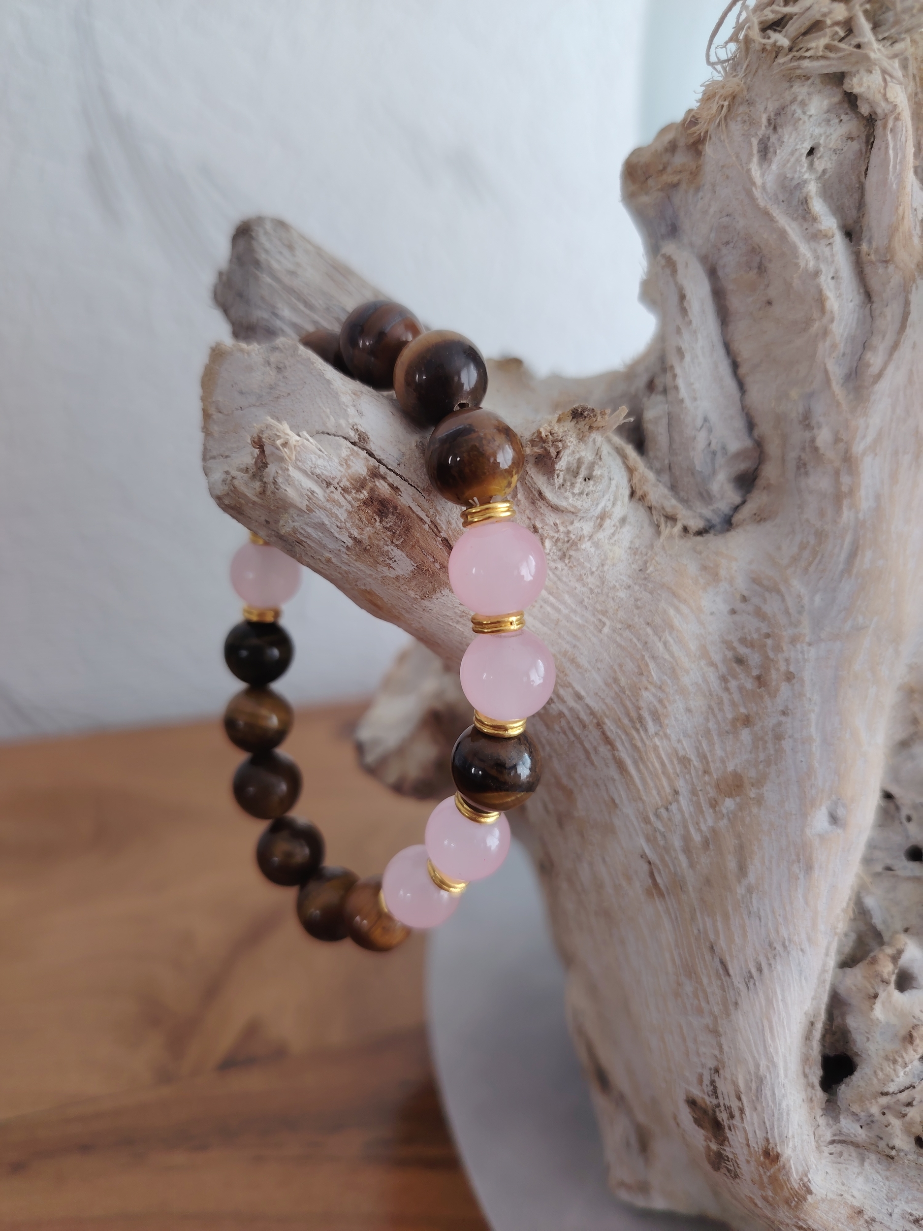 Bracelet Énergie en Oeil-de-Tigre et Quartz Rose