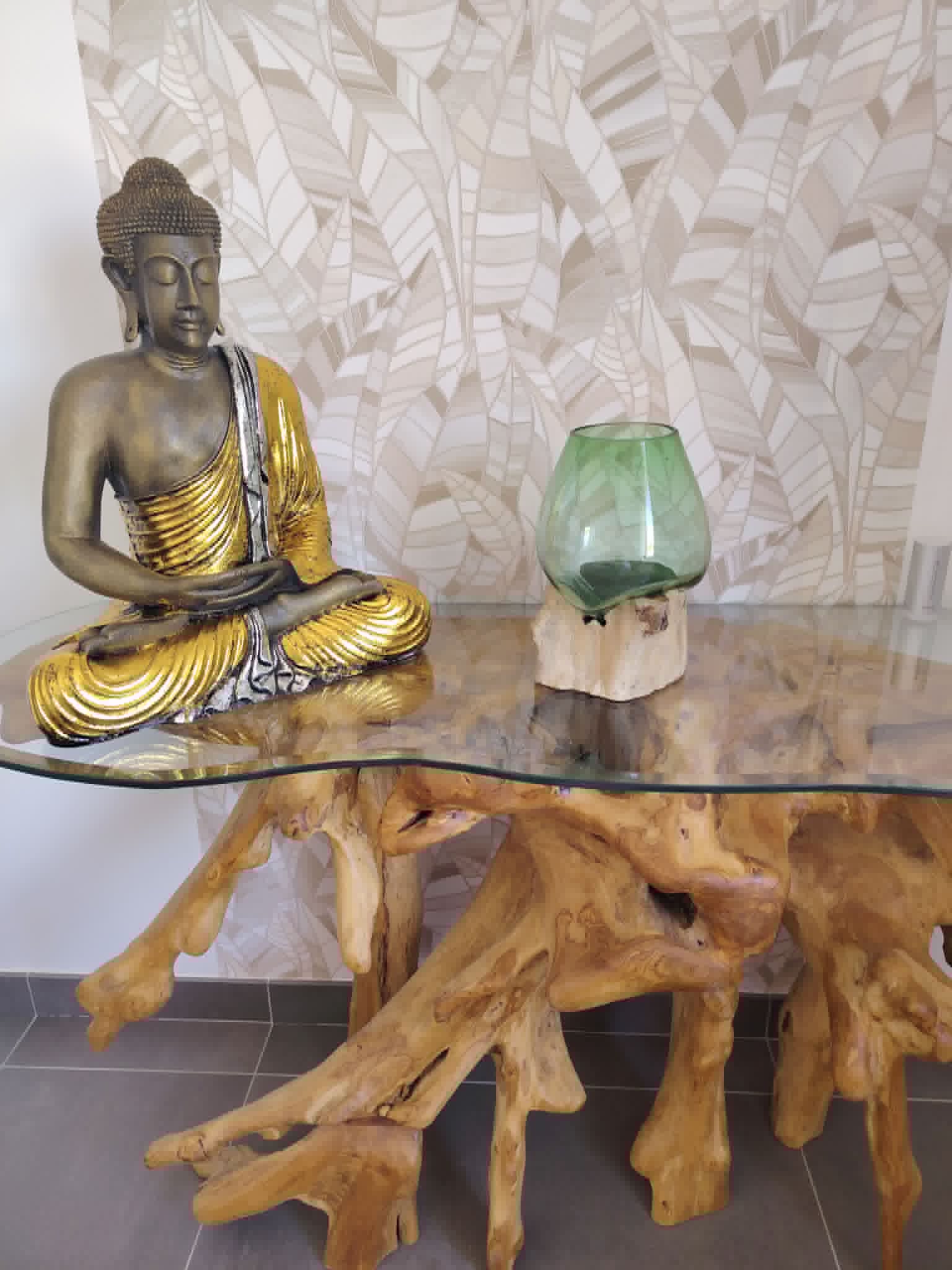 Vase design verre et racine en teck