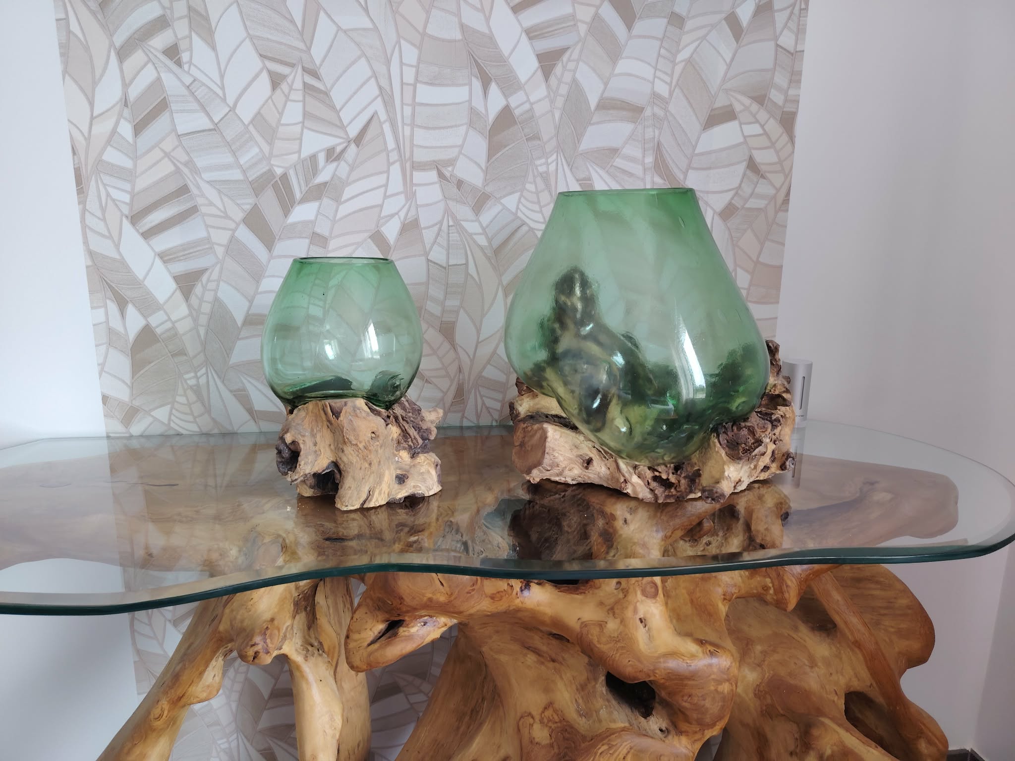 Vase design verre et racine en teck 2