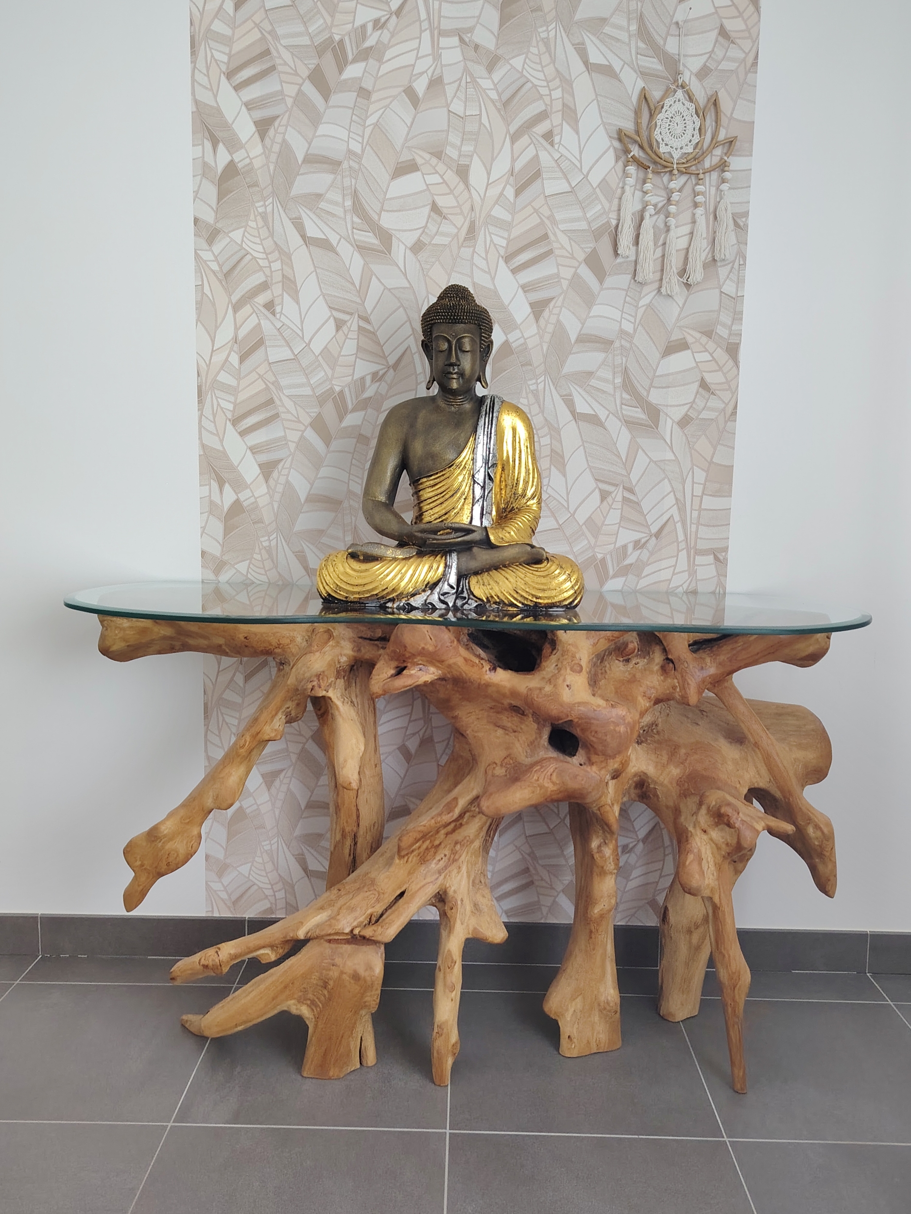Console en Racine de Teck avec Plateau en Verre