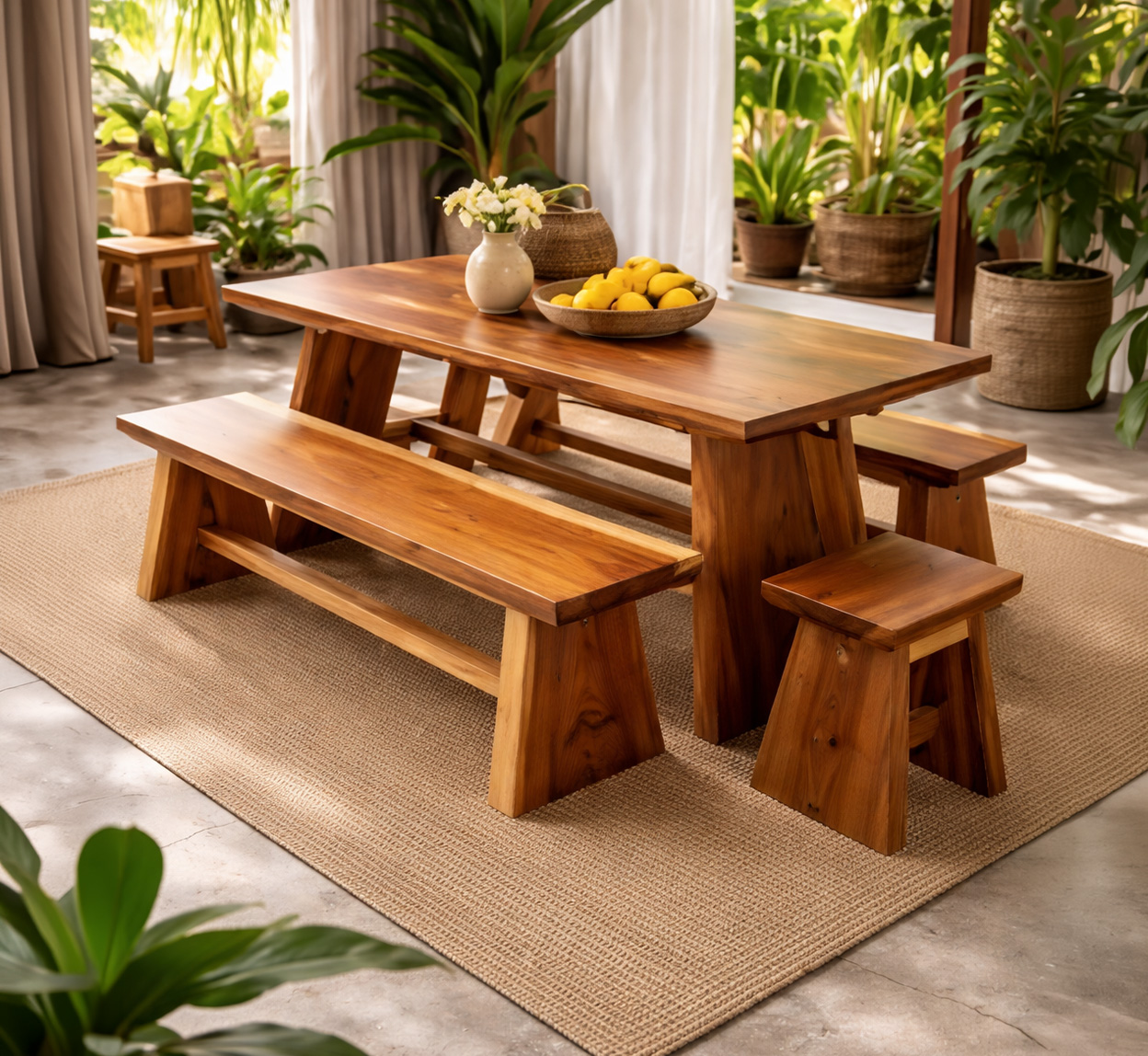 Ensemble Repas Suar Massif - Table &amp; Bancs Artisanaux