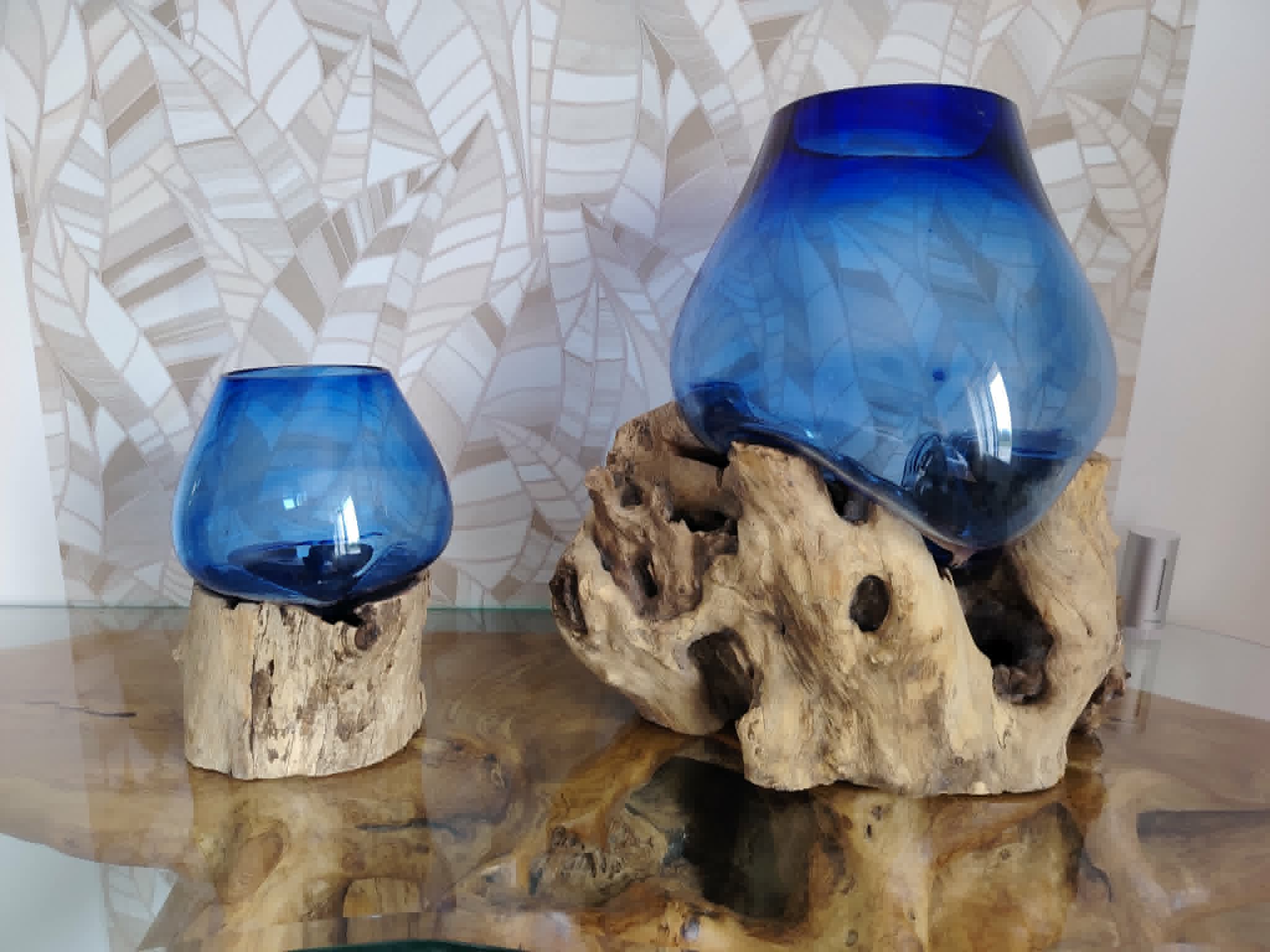 Vase aquarium terrarium en Verre Soufflé bleu sur racine Bois de teck - Élégance Naturelle