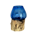ase aquarium terrarium en Verre Soufflé bleu sur racine Bois de teck - Élégance Naturelle