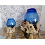 Vase aquarium terrarium en Verre Soufflé bleu sur racine Bois de teck - Élégance Naturelle