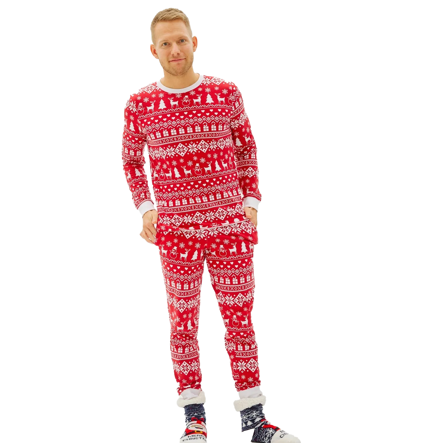 Man in kerstpyjama Feestnacht met kerstbomen, sneeuwvlokken en cadeautjes