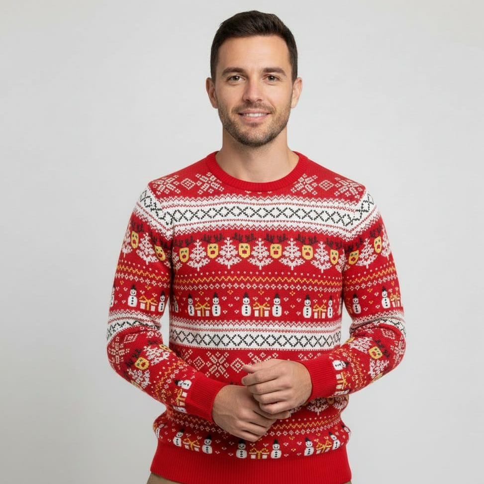 Man in rode kersttrui Kerstsprankel met sneeuwpoppen en rendieren