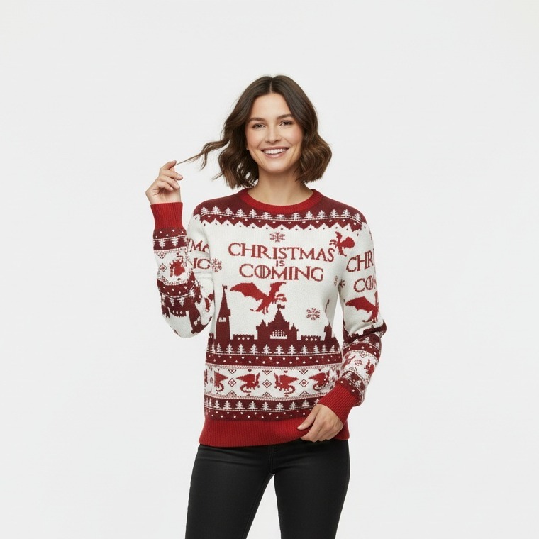 Vrouw in foute kersttrui Christmas is Coming met jacquardranden