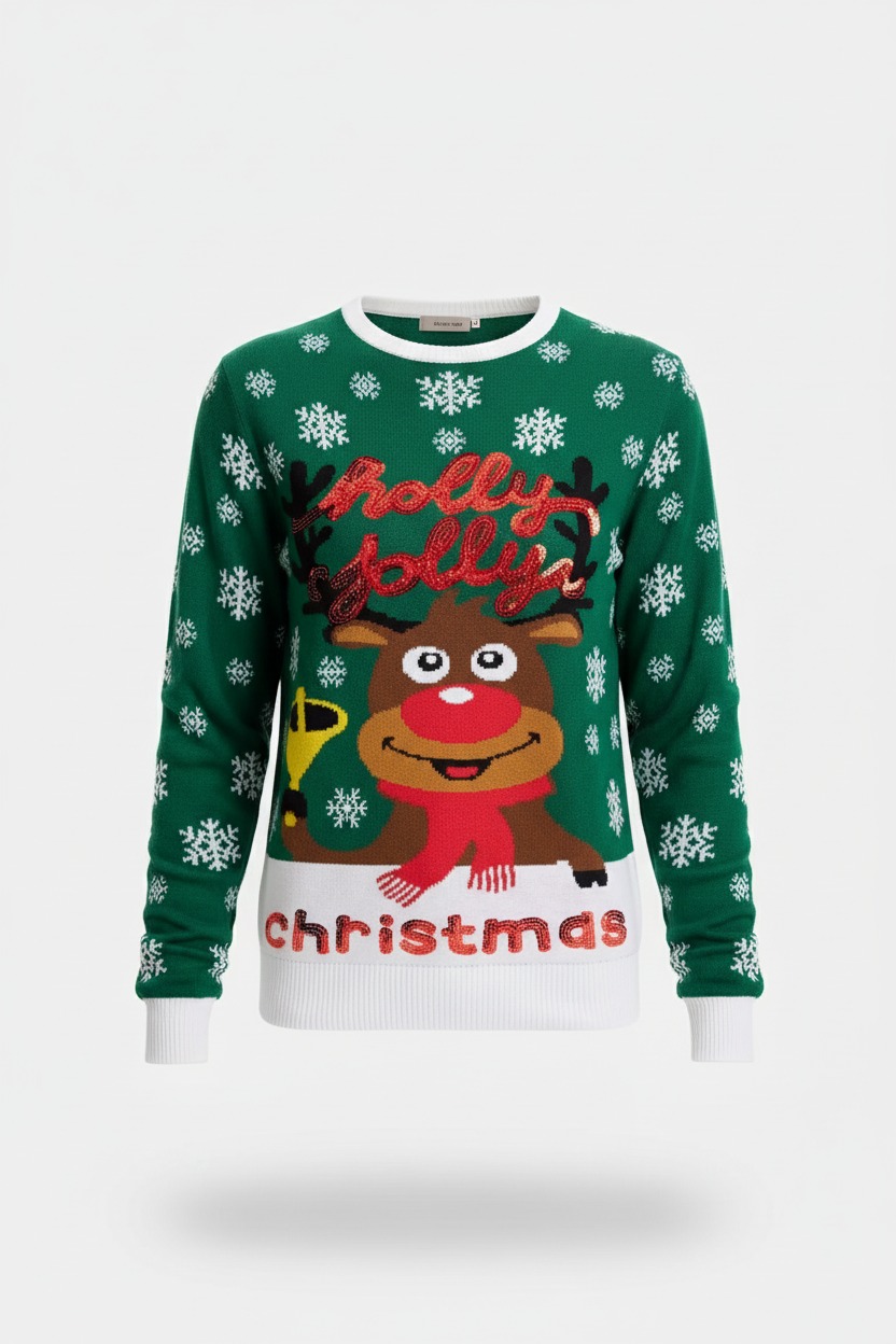 Dennengroene kersttrui met Rudolph, rode neus en Holly Jolly Christmas in pailletten