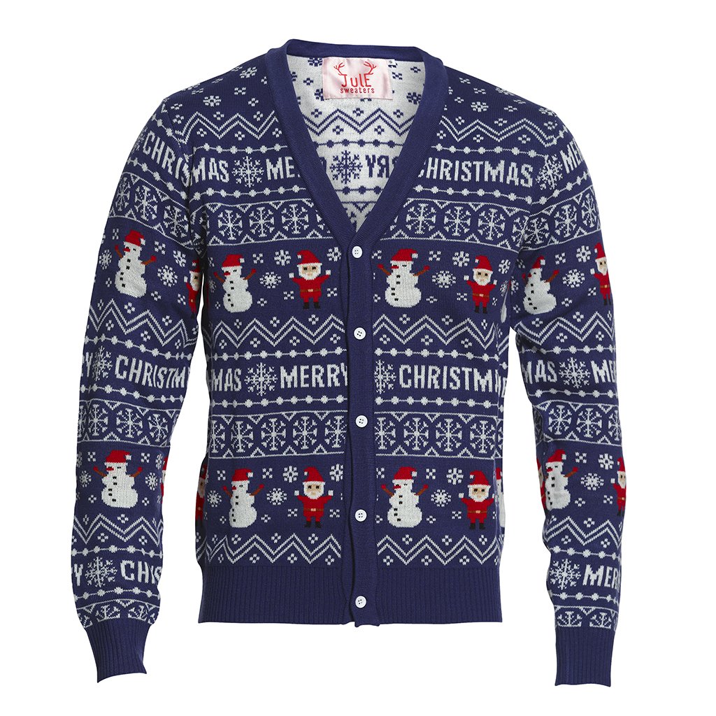 Marineblauw kerstvest met knoopsluiting en jacquardmotieven