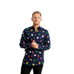 Blauw kersthemd Kerstfolklore met Kerstman, cadeautjes en kerstbomen