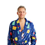 Unisex kerstbadjas Cadeaupapier, blauw met kerstmotieven